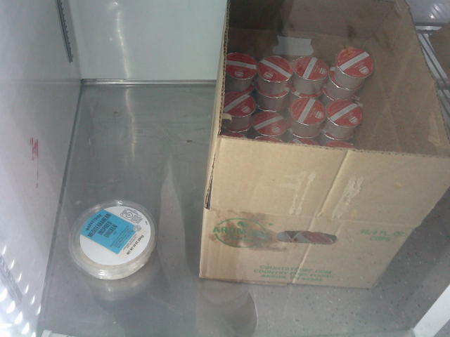 Cardboard box of apple sauce and container of mediterranean chicken on the bottom of a fridge.